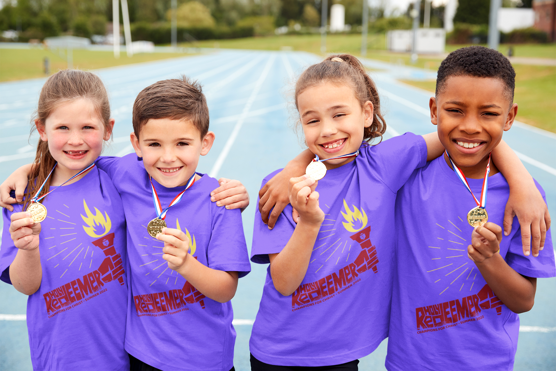 4 Kids Wearing a Purple Champions for Christ T-shirt Designed by Pathed.